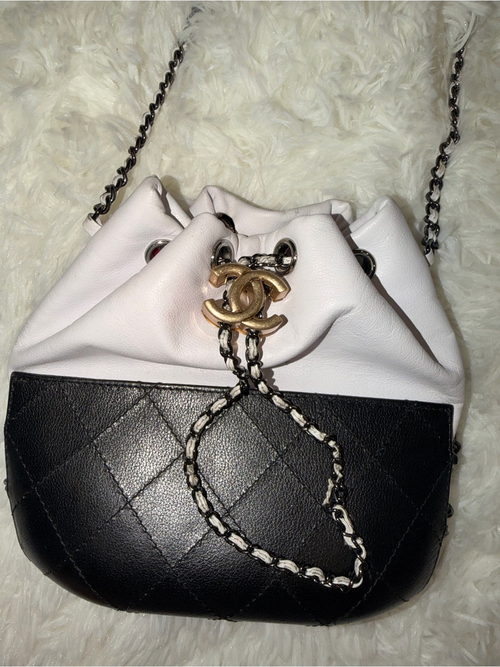 CHANEL Black and White Drawstring Quilted Mini Shoulder Bag